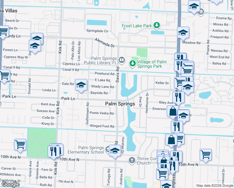 map of restaurants, bars, coffee shops, grocery stores, and more near 309 Davis Road in Palm Springs