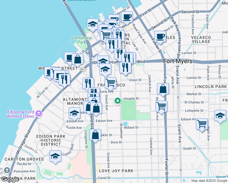 map of restaurants, bars, coffee shops, grocery stores, and more near 2122 Victoria Avenue in Fort Myers