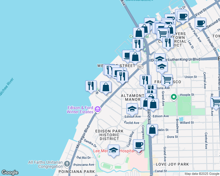 map of restaurants, bars, coffee shops, grocery stores, and more near in Fort Myers