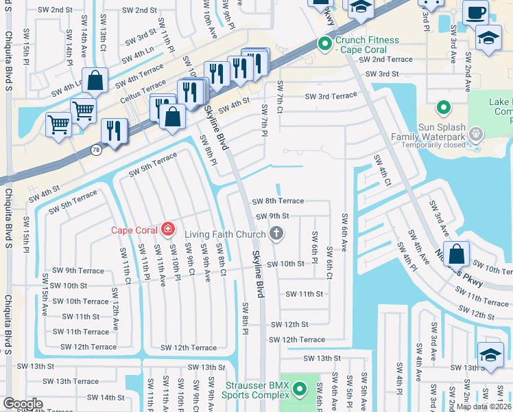 map of restaurants, bars, coffee shops, grocery stores, and more near 746 Southwest 8th Terrace in Cape Coral