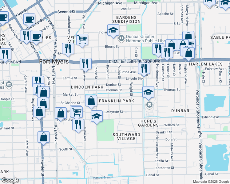 map of restaurants, bars, coffee shops, grocery stores, and more near 2982 Thomas Street in Fort Myers