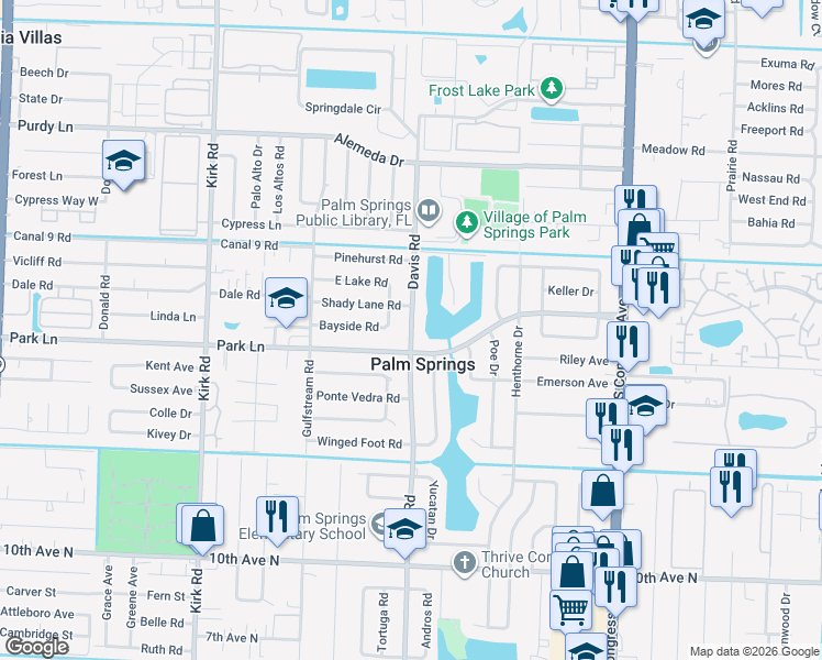 map of restaurants, bars, coffee shops, grocery stores, and more near 309 Davis Road in Palm Springs