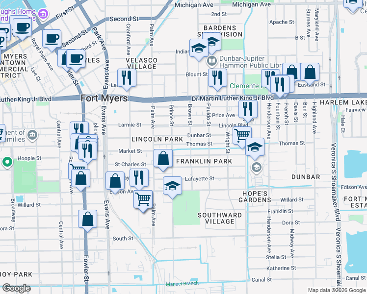 map of restaurants, bars, coffee shops, grocery stores, and more near 2930 Thomas Street in Fort Myers