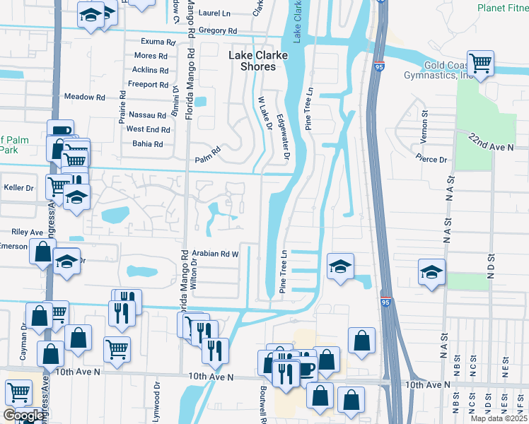 map of restaurants, bars, coffee shops, grocery stores, and more near 8111 West Lake Drive in West Palm Beach