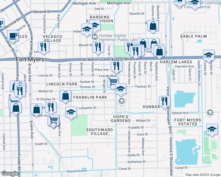 map of restaurants, bars, coffee shops, grocery stores, and more near 3136 Thomas Street in Fort Myers