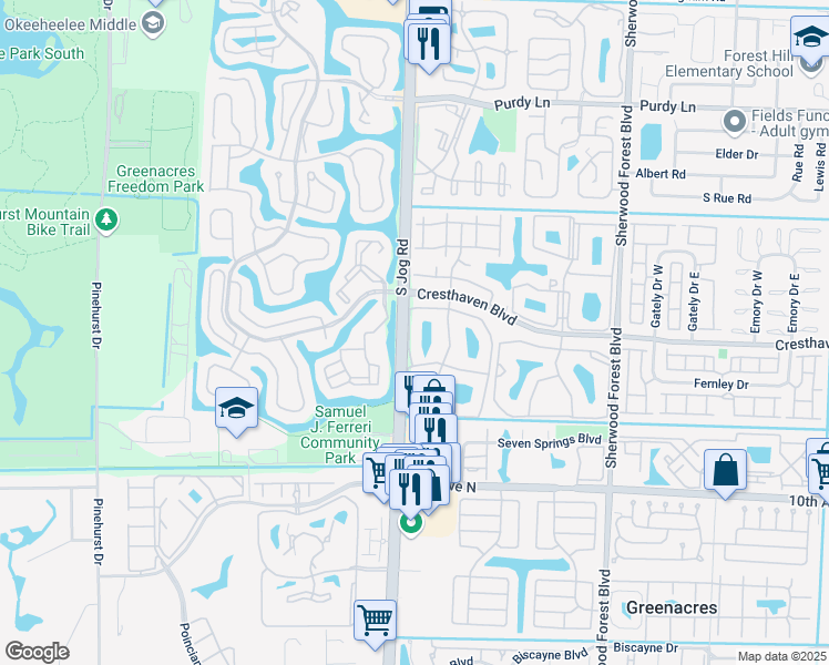 map of restaurants, bars, coffee shops, grocery stores, and more near 710 Sunny Pine Way in Greenacres