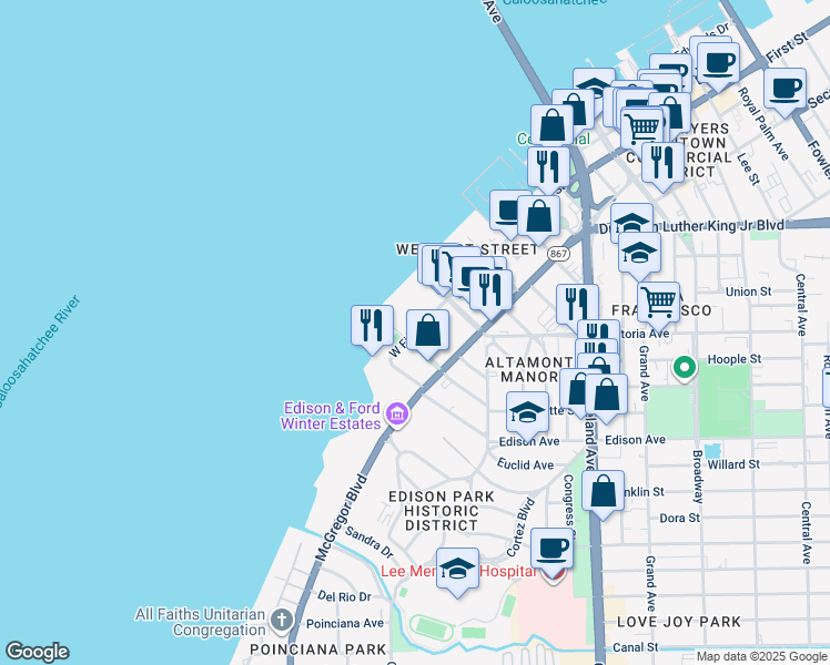 map of restaurants, bars, coffee shops, grocery stores, and more near 2260 W 1st St in Fort Myers