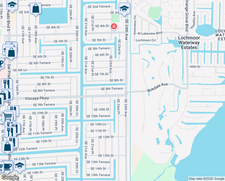 map of restaurants, bars, coffee shops, grocery stores, and more near 2317 Viscaya Parkway in Cape Coral