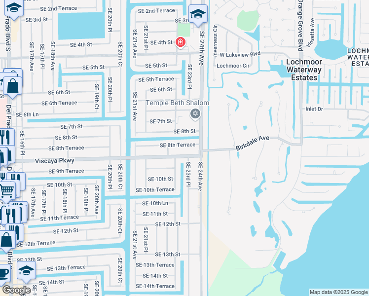map of restaurants, bars, coffee shops, grocery stores, and more near 2312 Southeast 8th Terrace in Cape Coral