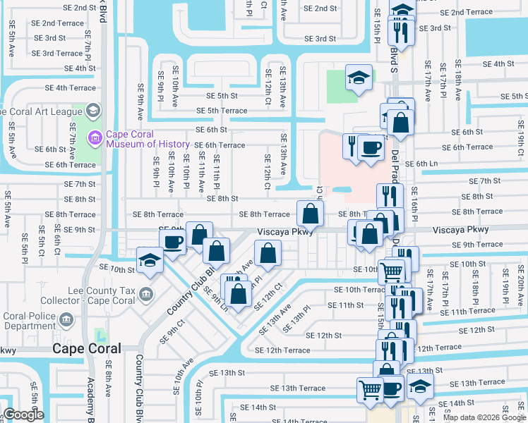 map of restaurants, bars, coffee shops, grocery stores, and more near 1221 Southeast 8th Terrace in Cape Coral