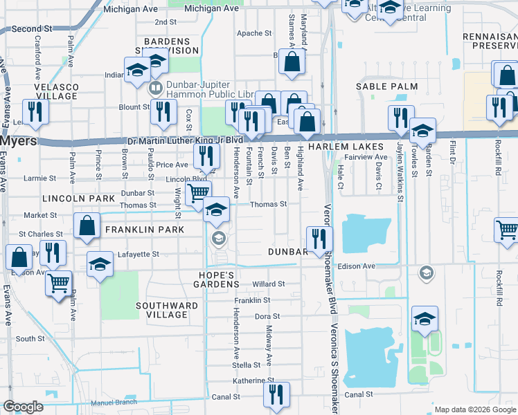 map of restaurants, bars, coffee shops, grocery stores, and more near 3319 Handy Court in Fort Myers