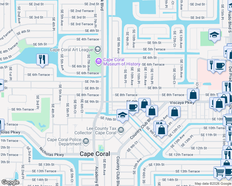 map of restaurants, bars, coffee shops, grocery stores, and more near 840 Southeast 8th Terrace in Cape Coral
