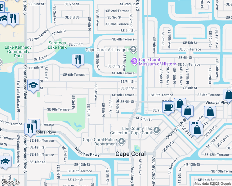 map of restaurants, bars, coffee shops, grocery stores, and more near 547 Southeast 8th Terrace in Cape Coral