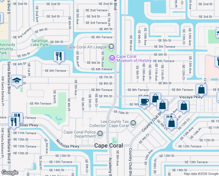 map of restaurants, bars, coffee shops, grocery stores, and more near 619 Southeast 8th Terrace in Cape Coral