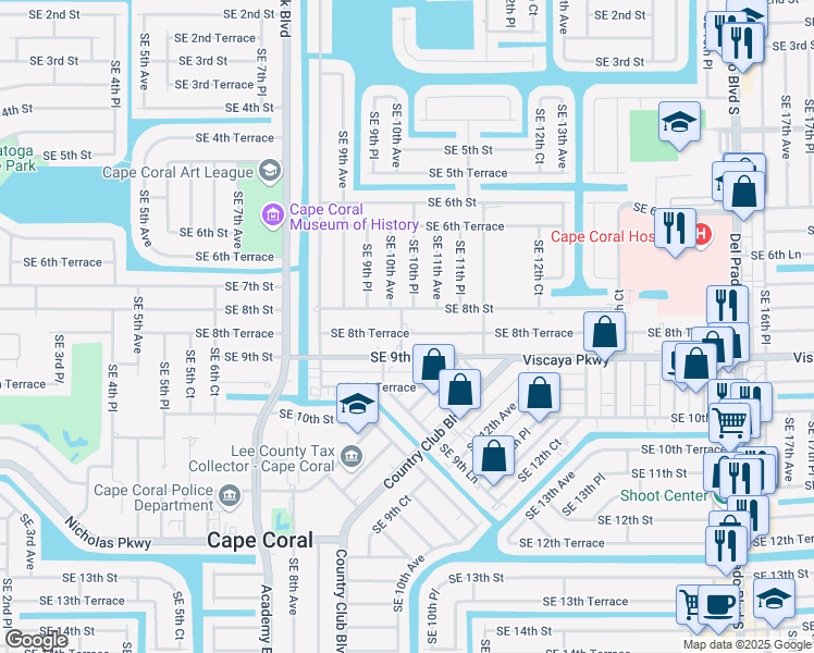 map of restaurants, bars, coffee shops, grocery stores, and more near 1001 Southeast 8th Terrace in Cape Coral