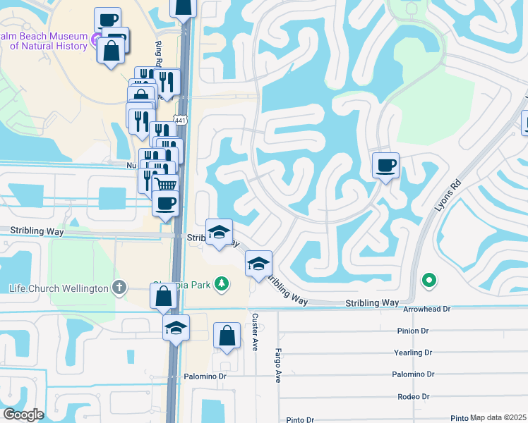 map of restaurants, bars, coffee shops, grocery stores, and more near 9741 Roche Place in Wellington