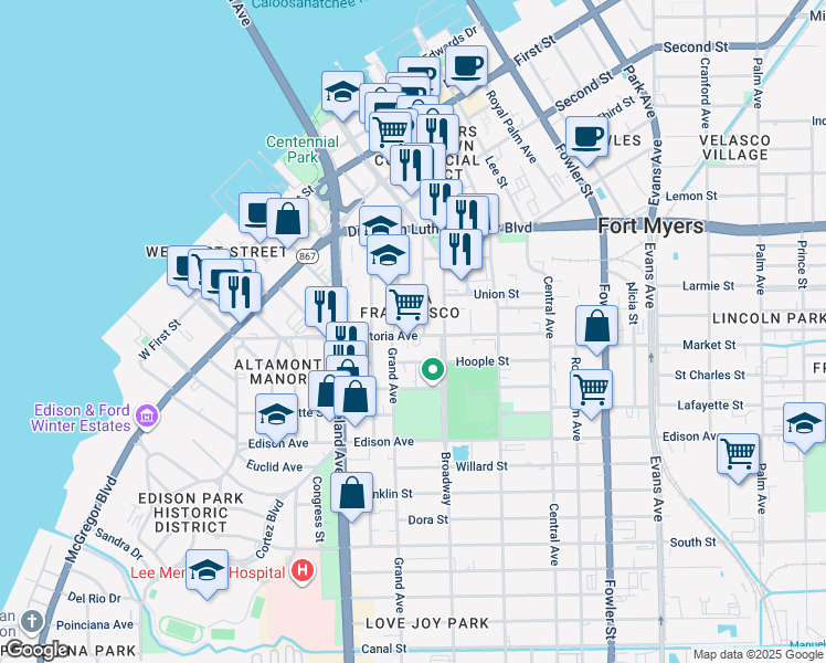 map of restaurants, bars, coffee shops, grocery stores, and more near 2122 Victoria Avenue in Fort Myers