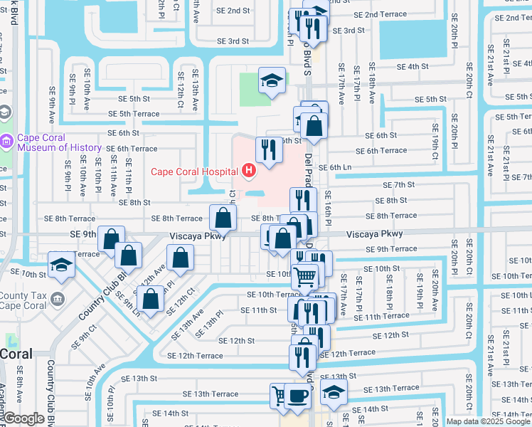 map of restaurants, bars, coffee shops, grocery stores, and more near 1419 Southeast 8th Terrace in Cape Coral