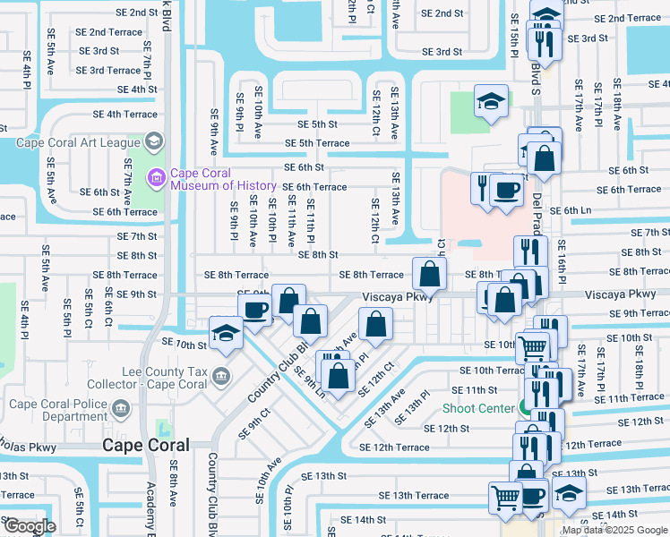 map of restaurants, bars, coffee shops, grocery stores, and more near 811 Southeast 12th Avenue in Cape Coral