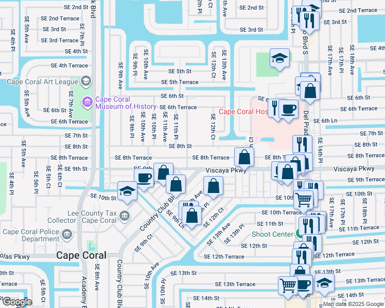 map of restaurants, bars, coffee shops, grocery stores, and more near 1205 Southeast 8th Terrace in Cape Coral