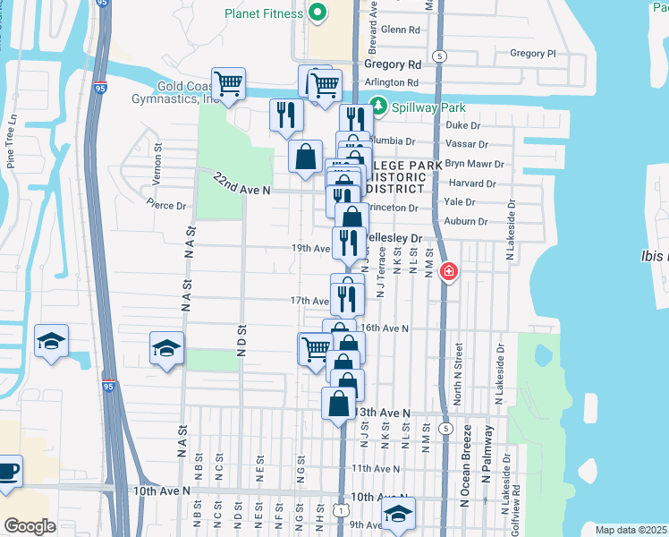 map of restaurants, bars, coffee shops, grocery stores, and more near 1128 18th Avenue North in Lake Worth