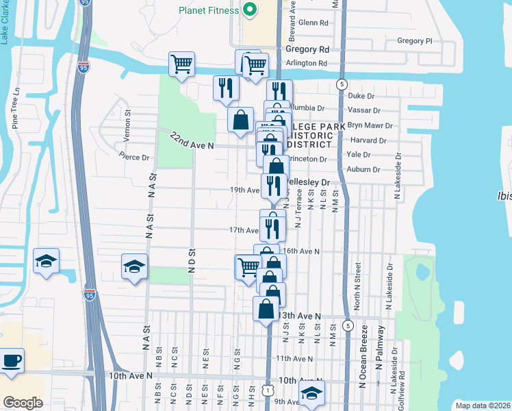 map of restaurants, bars, coffee shops, grocery stores, and more near 1128 18th Avenue North in Lake Worth