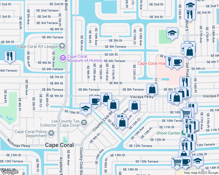 map of restaurants, bars, coffee shops, grocery stores, and more near 1026 Southeast 8th Terrace in Cape Coral