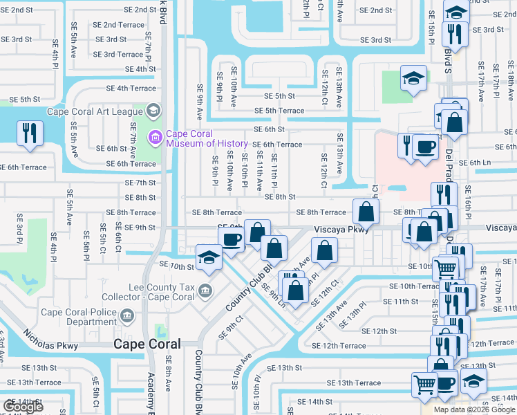 map of restaurants, bars, coffee shops, grocery stores, and more near 1026 Southeast 8th Terrace in Cape Coral