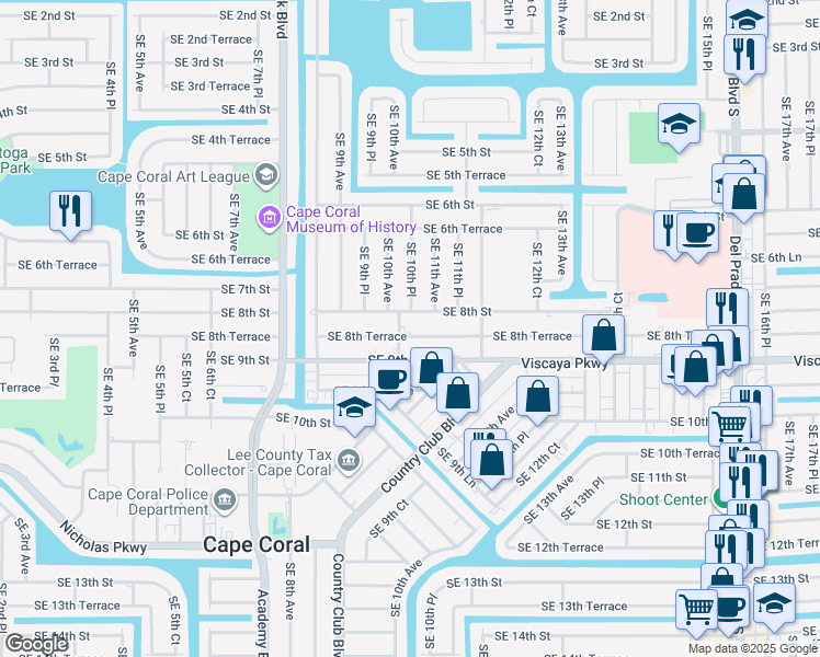 map of restaurants, bars, coffee shops, grocery stores, and more near 1001 Southeast 8th Terrace in Cape Coral