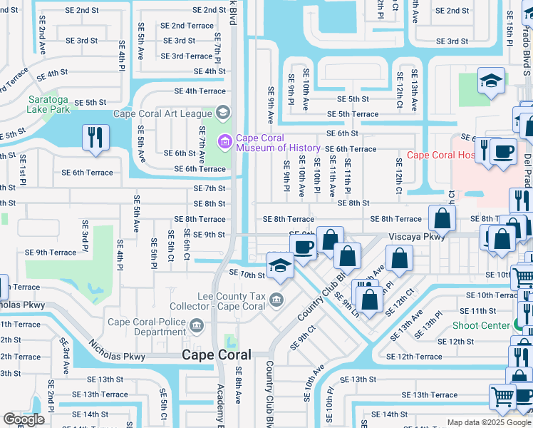 map of restaurants, bars, coffee shops, grocery stores, and more near 840 Southeast 8th Terrace in Cape Coral