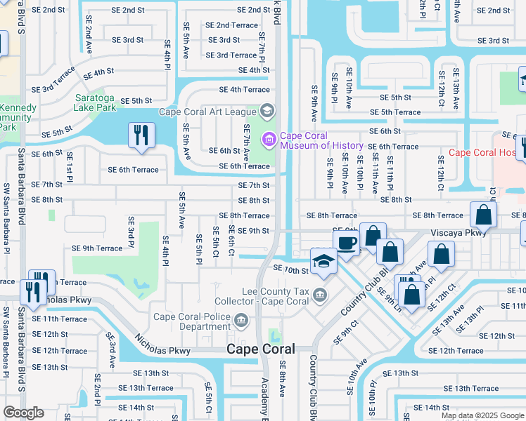 map of restaurants, bars, coffee shops, grocery stores, and more near 619 Southeast 8th Terrace in Cape Coral