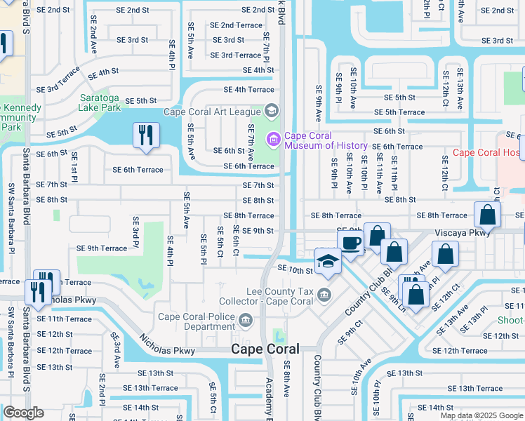 map of restaurants, bars, coffee shops, grocery stores, and more near 619 Southeast 8th Terrace in Cape Coral