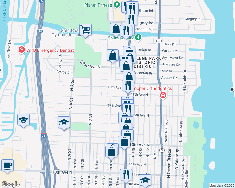 map of restaurants, bars, coffee shops, grocery stores, and more near 1128 18th Avenue North in Lake Worth