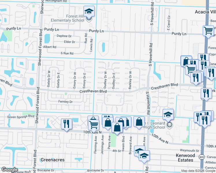 map of restaurants, bars, coffee shops, grocery stores, and more near 2771 Dudley Drive East in West Palm Beach