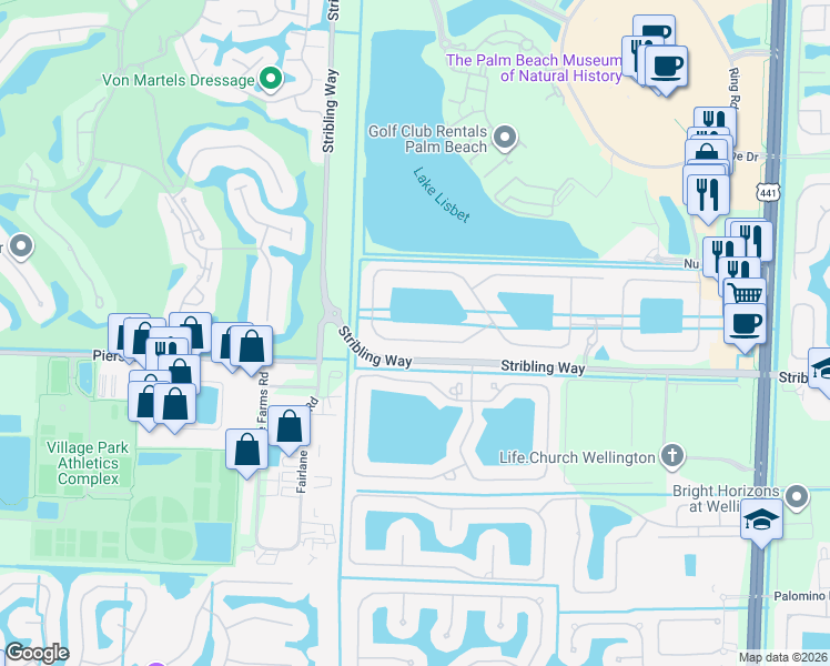map of restaurants, bars, coffee shops, grocery stores, and more near 4452 Siena Circle in Wellington