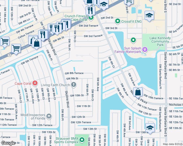 map of restaurants, bars, coffee shops, grocery stores, and more near 625 Southwest 8th Terrace in Cape Coral