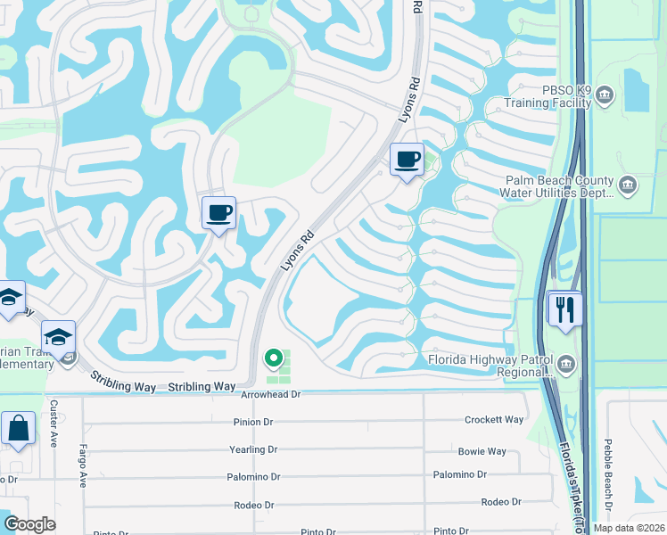 map of restaurants, bars, coffee shops, grocery stores, and more near 8418 Xanthus Lane in Wellington