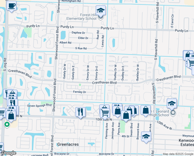 map of restaurants, bars, coffee shops, grocery stores, and more near 2766 Emory Drive East in West Palm Beach