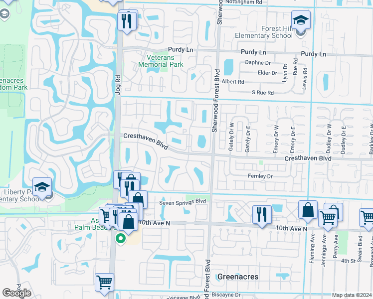 map of restaurants, bars, coffee shops, grocery stores, and more near in Greenacres
