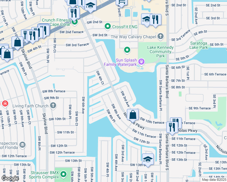 map of restaurants, bars, coffee shops, grocery stores, and more near 717 Nicholas Parkway West in Cape Coral