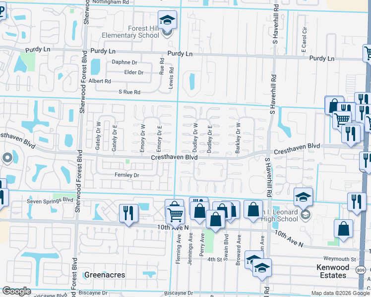 map of restaurants, bars, coffee shops, grocery stores, and more near 2763 Dudley Drive West in West Palm Beach