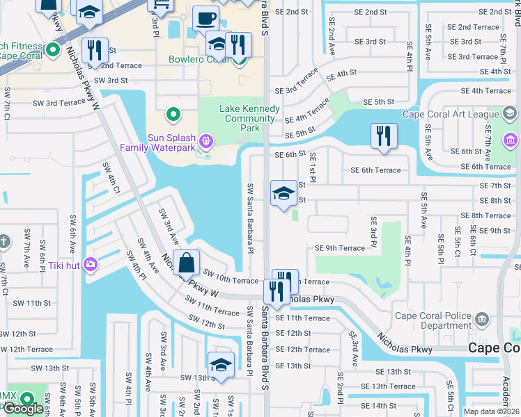 map of restaurants, bars, coffee shops, grocery stores, and more near 813 Southwest Santa Barbara Place in Cape Coral
