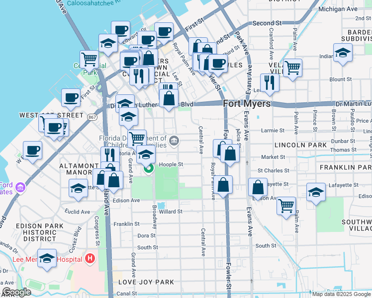 map of restaurants, bars, coffee shops, grocery stores, and more near 2325 Victoria Avenue in Fort Myers