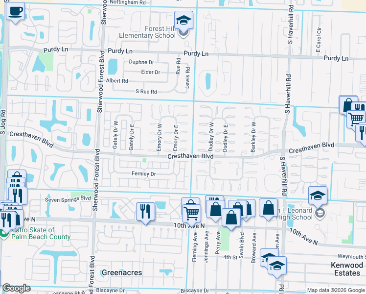 map of restaurants, bars, coffee shops, grocery stores, and more near 2766 Emory Drive East in West Palm Beach
