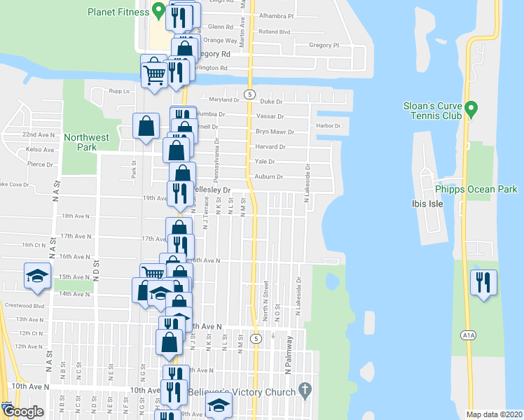 map of restaurants, bars, coffee shops, grocery stores, and more near 410 18th Avenue North in Lake Worth
