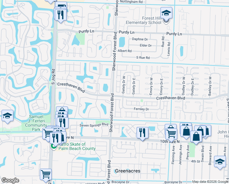 map of restaurants, bars, coffee shops, grocery stores, and more near in Greenacres