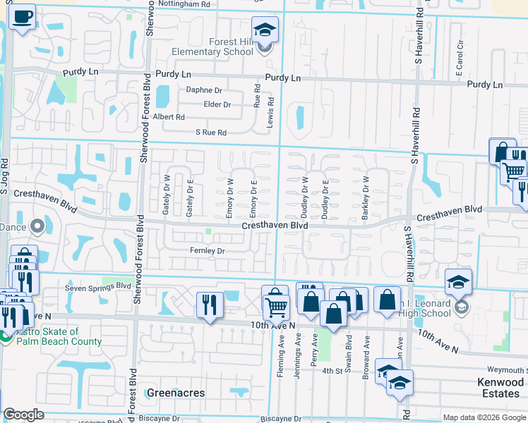 map of restaurants, bars, coffee shops, grocery stores, and more near 2758 Emory Drive West in West Palm Beach