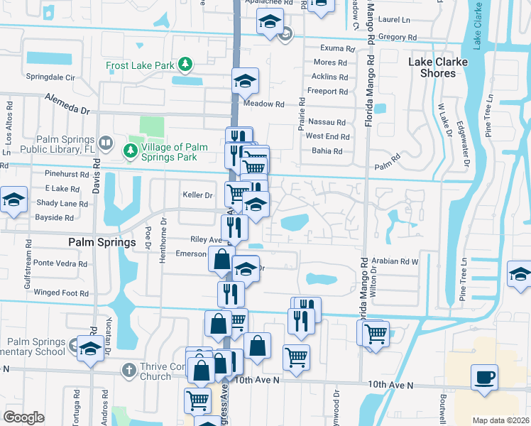 map of restaurants, bars, coffee shops, grocery stores, and more near 21 Lake Arbor Drive in Palm Springs