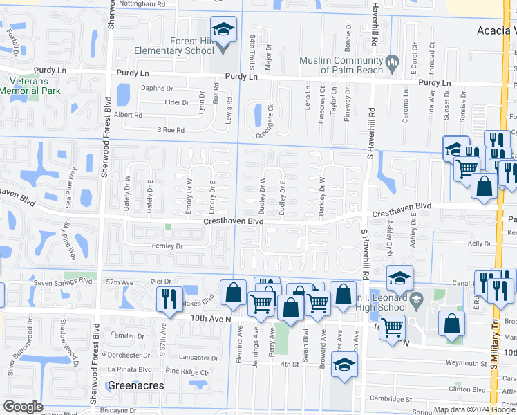 map of restaurants, bars, coffee shops, grocery stores, and more near 2703 Dudley Drive West in West Palm Beach