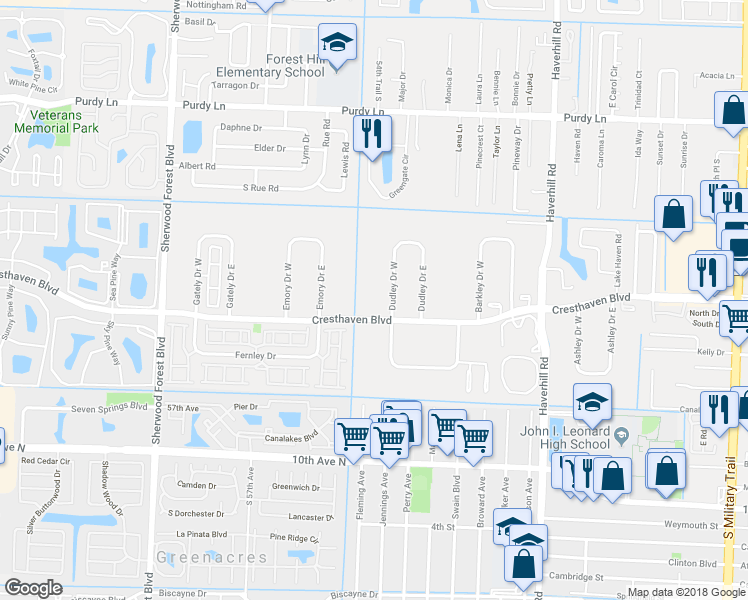 map of restaurants, bars, coffee shops, grocery stores, and more near 2703 Dudley Drive West in West Palm Beach
